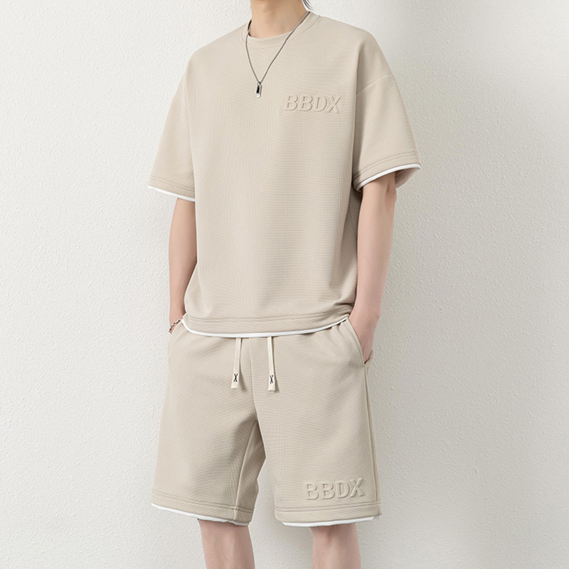 シンプルファッション ワッフル地セットアップ 半袖シャツ&ハーフパンツ