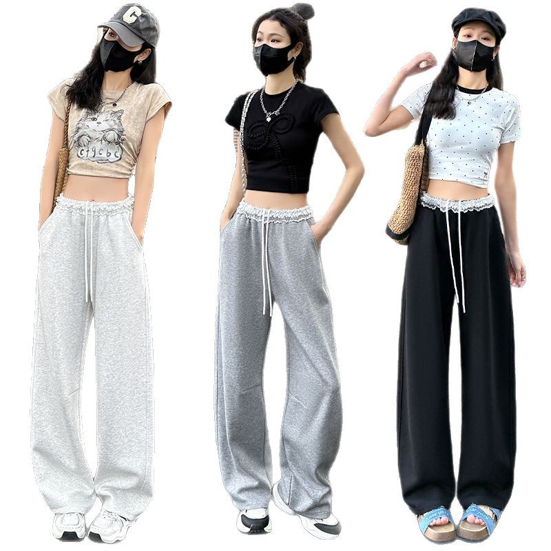 シンプルファッション レース装飾ウエスト ワイドパンツ