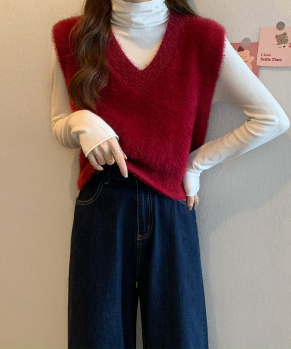 シンプルファッション ふわふわシャギーニットベスト