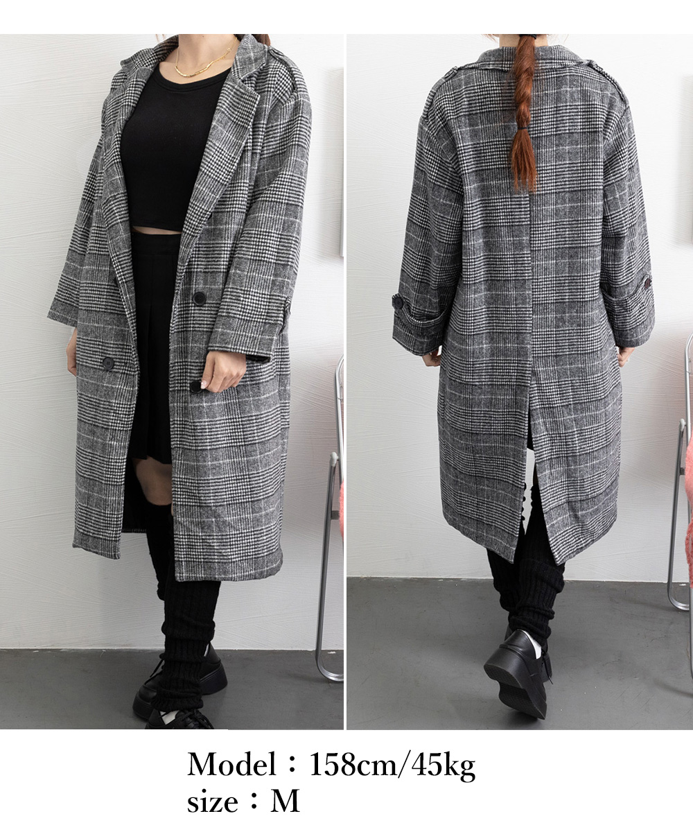 シンプルファッション 中綿入りグレンチェック柄チェスターコート