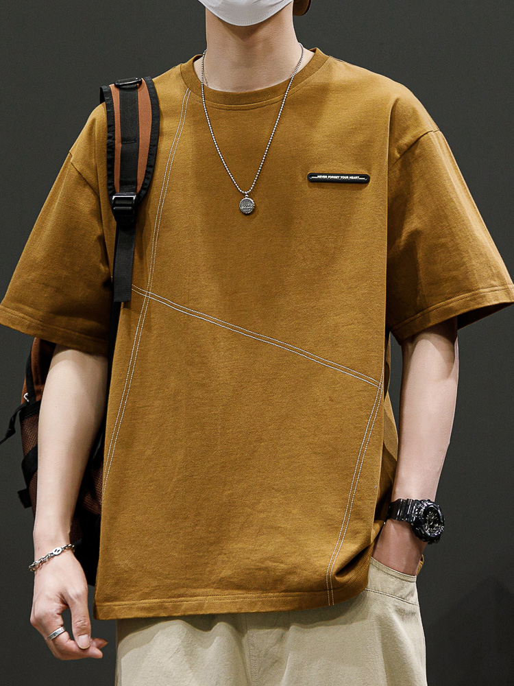 シンプルファッション シルキー素材デザインステッチ半袖Tシャツ