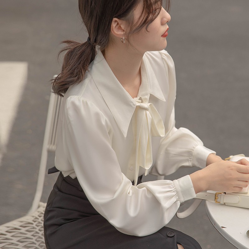 シンプルファッション リボン結びパフスリーブブラウス