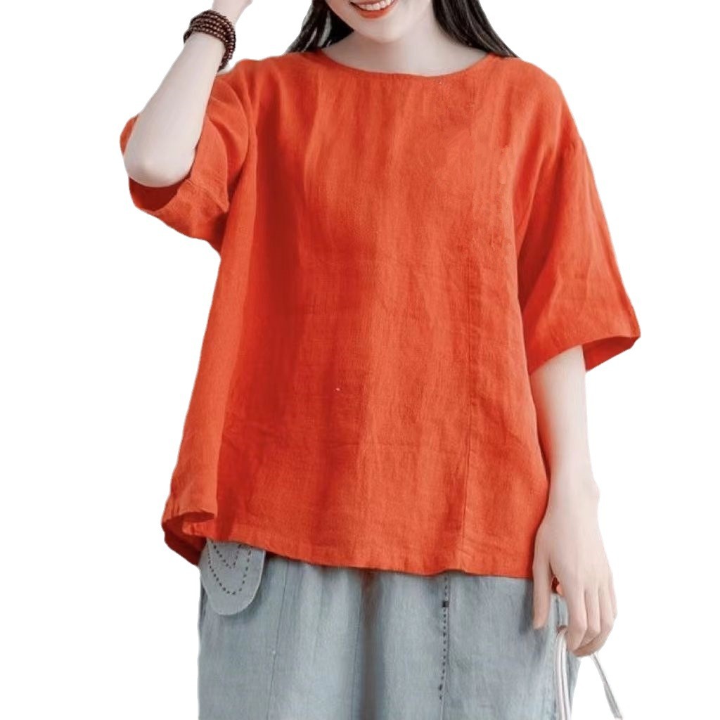 シンプルファッション ナチュラル麻混素材ゆったりトップス