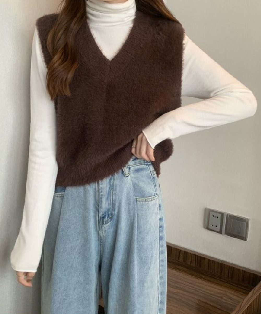 シンプルファッション ふわふわシャギーニットベスト