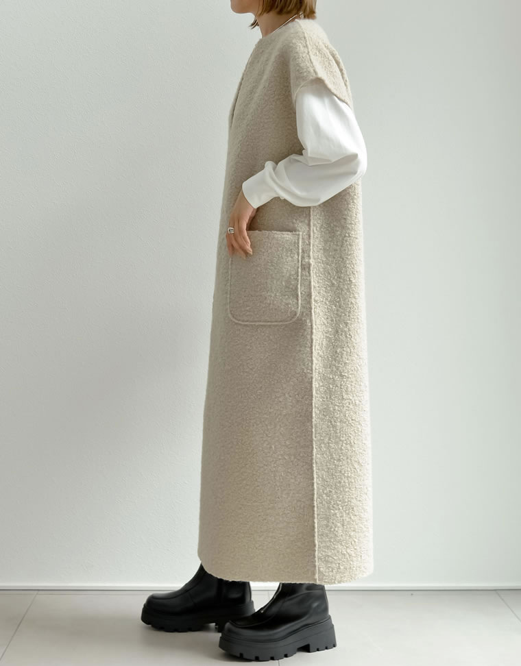 シンプルファッション 秋冬新作 深めのぶいネック ワンピース 無地 体型カバー 着回し抜群