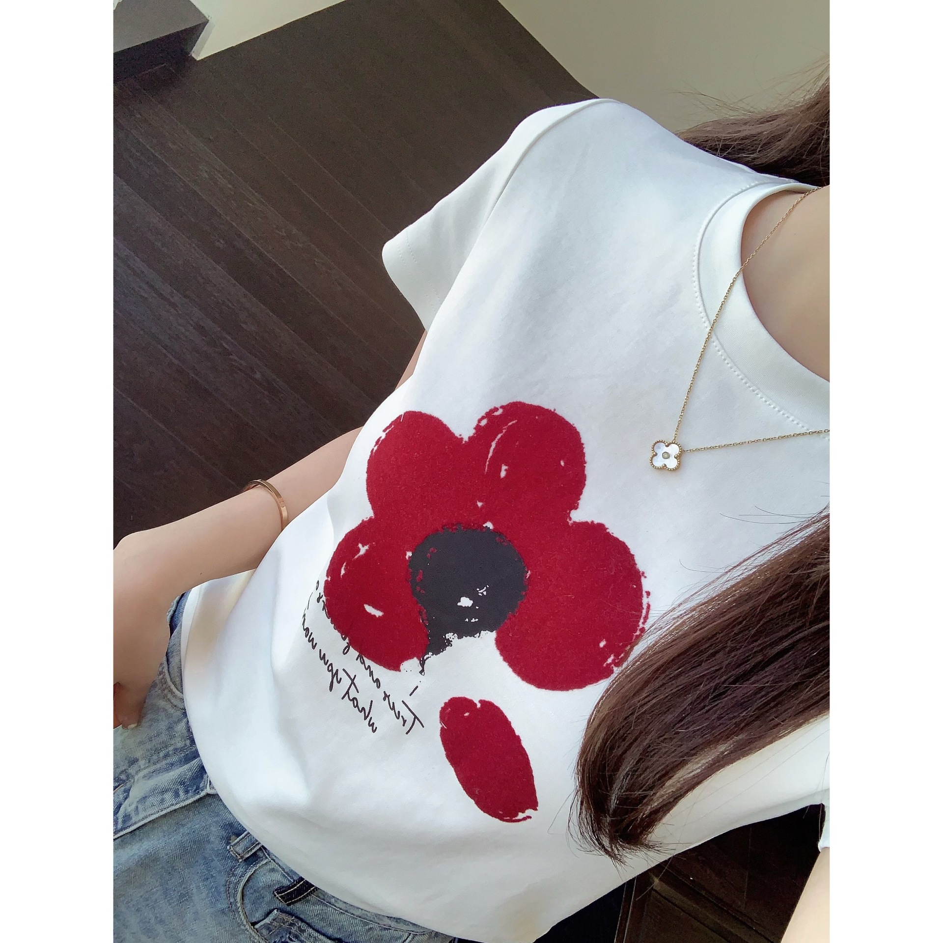 シンプルファッション 植毛花柄プリント半袖Tシャツ