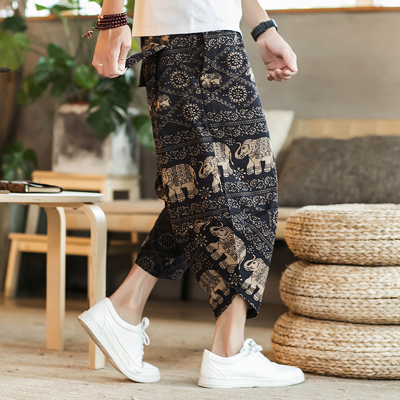 シンプルファッション アジアンエスニック柄ワイドパンツ七分丈