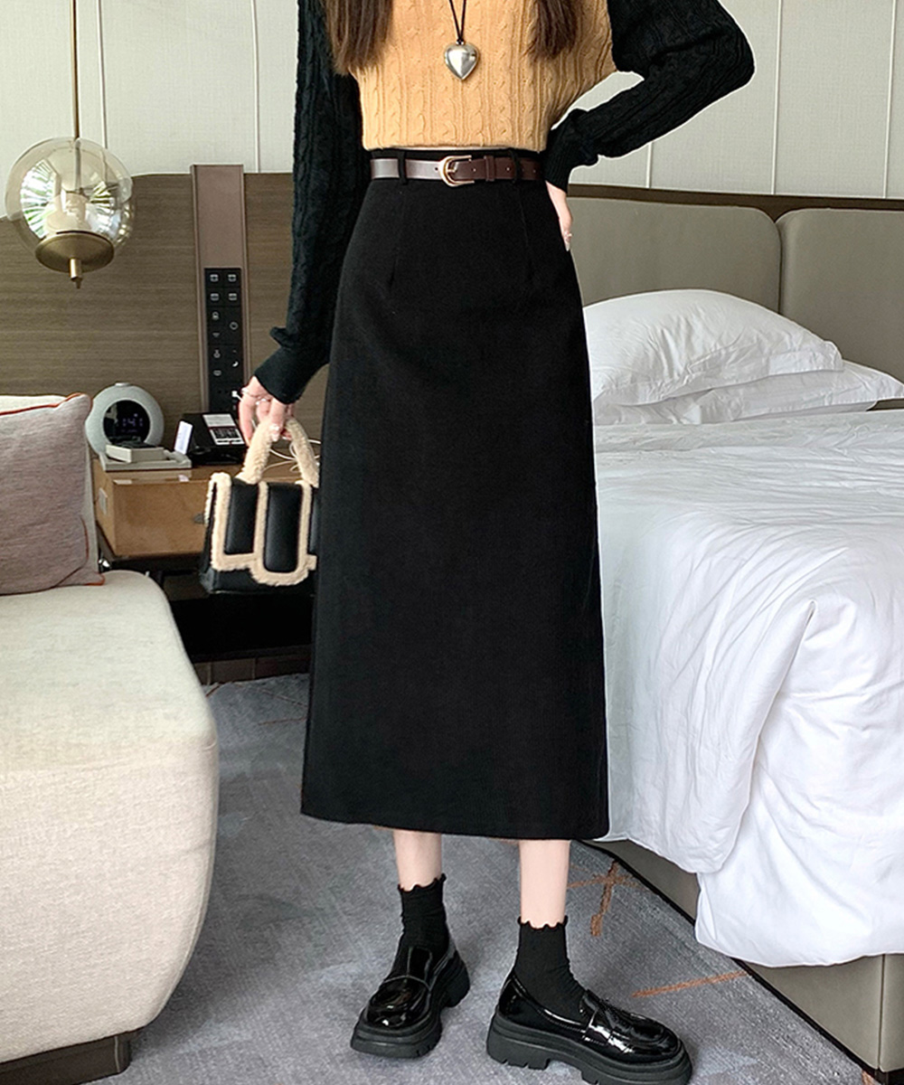 シンプルファッション パンツ コーデュロイベルト付きロングスカート