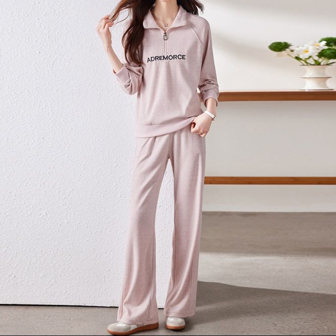 シンプルファッション 刺繍入りハーフジップセットアップ