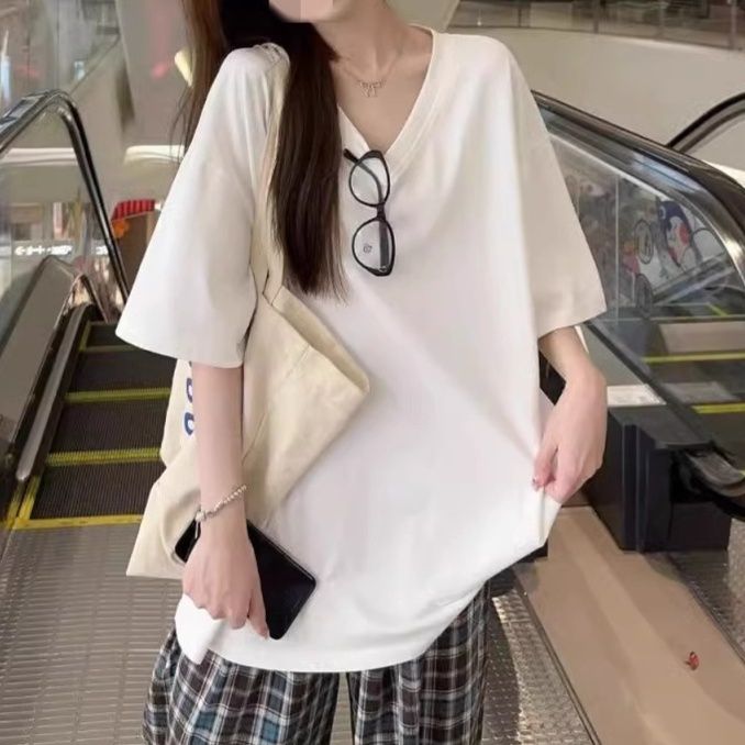 シンプルファッション ゆったりVネック半袖Tシャツ
