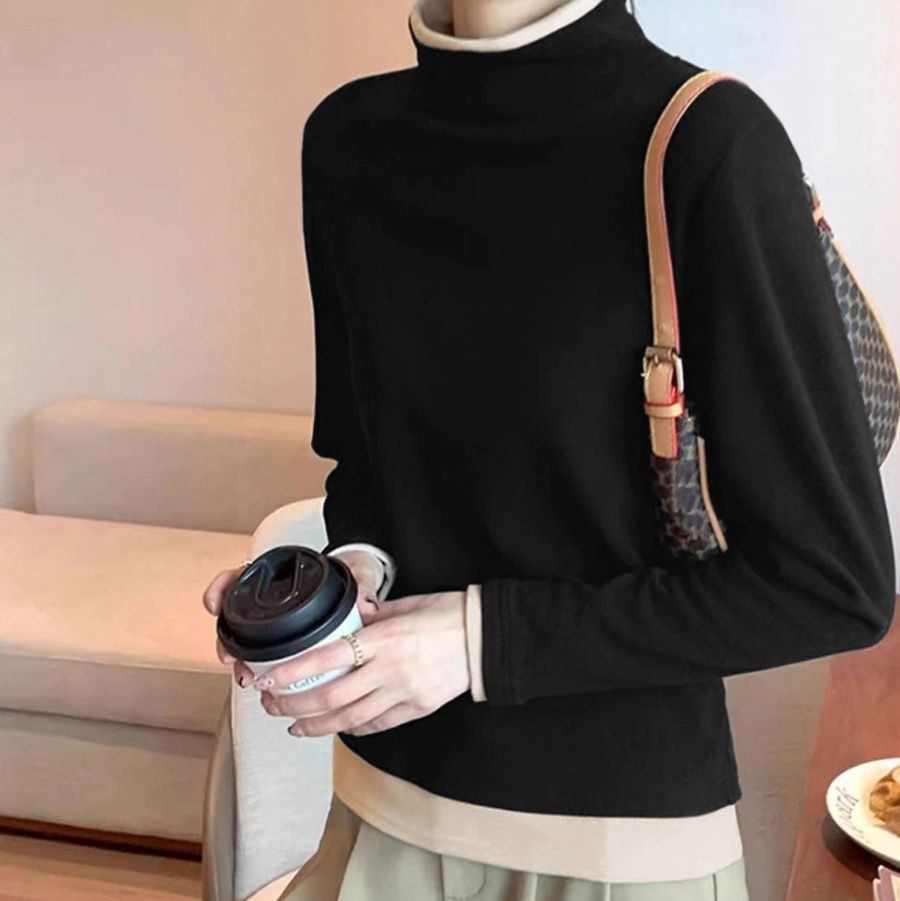 シンプルファッション 重ね着風ハイネック長袖トップス