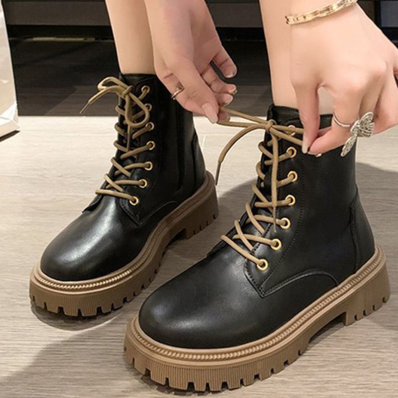 シンプルファッション 厚底編み上げショートブーツ レディース