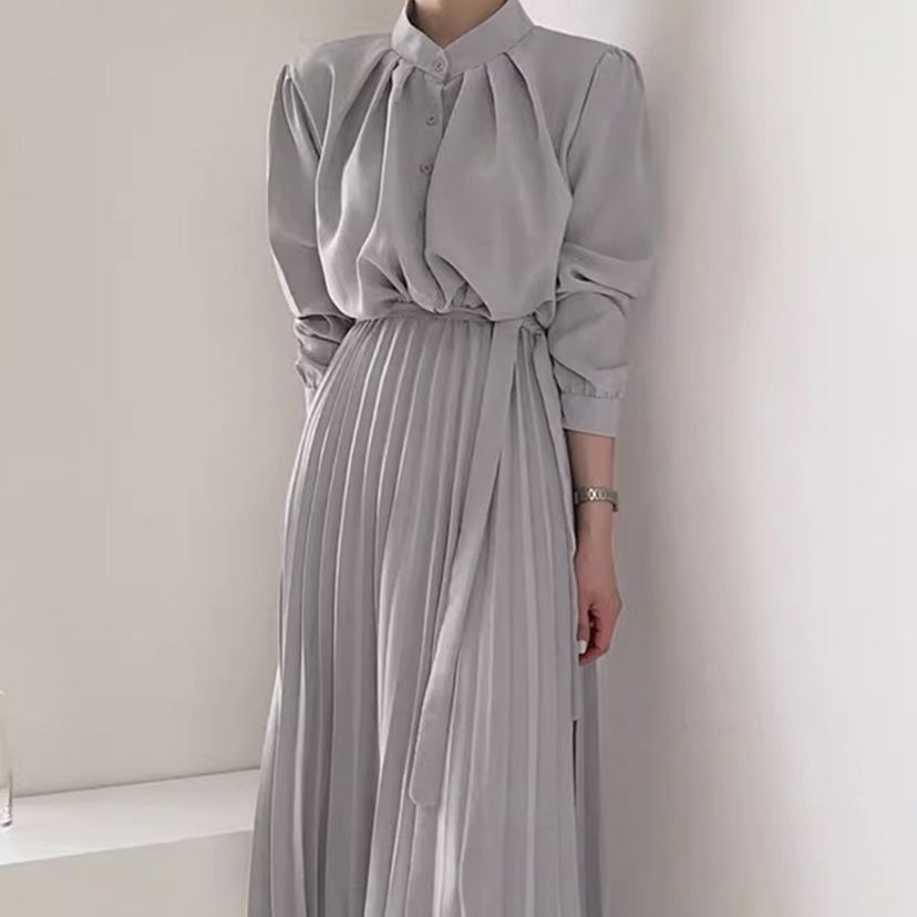 シンプルファッション 長袖プリーツワンピース ウエストリボン付きミディ丈