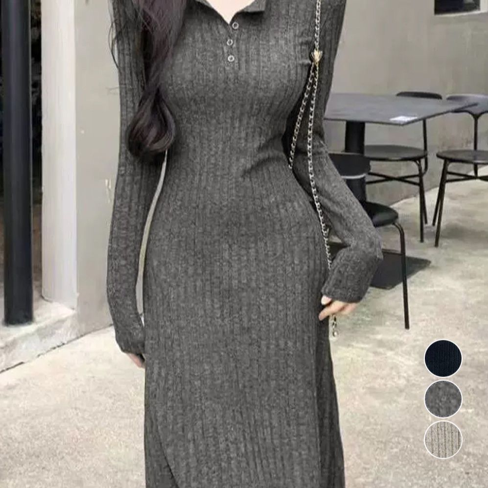 シンプルファッションワンピース リブニットタイトシルエット長袖ワンピース 