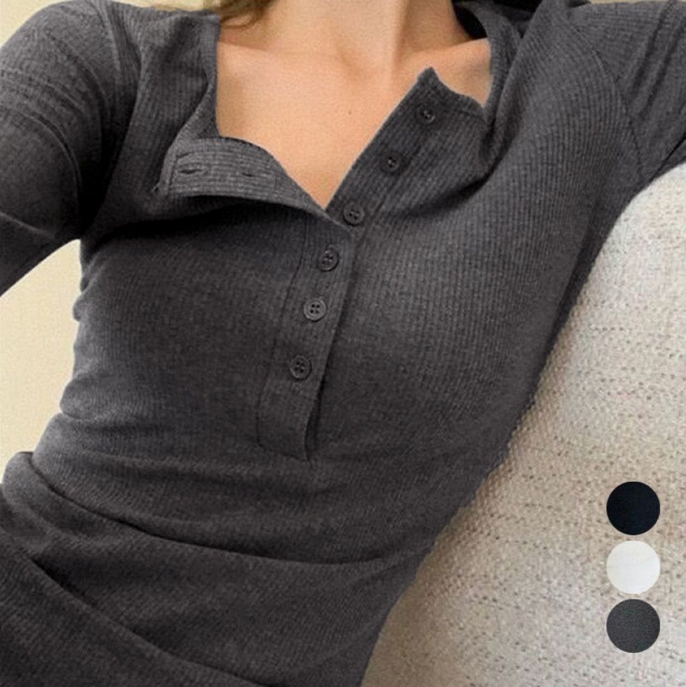 シンプルファッションTシャツ リブ編み長袖ヘンリーネック細見えカットソー