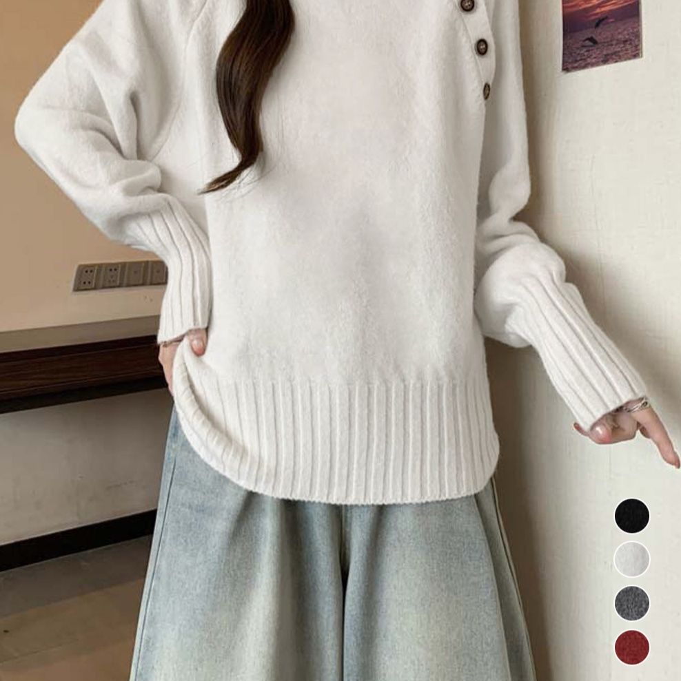 シンプルファッション ニットハイネック長袖 ボタン付きセーター 