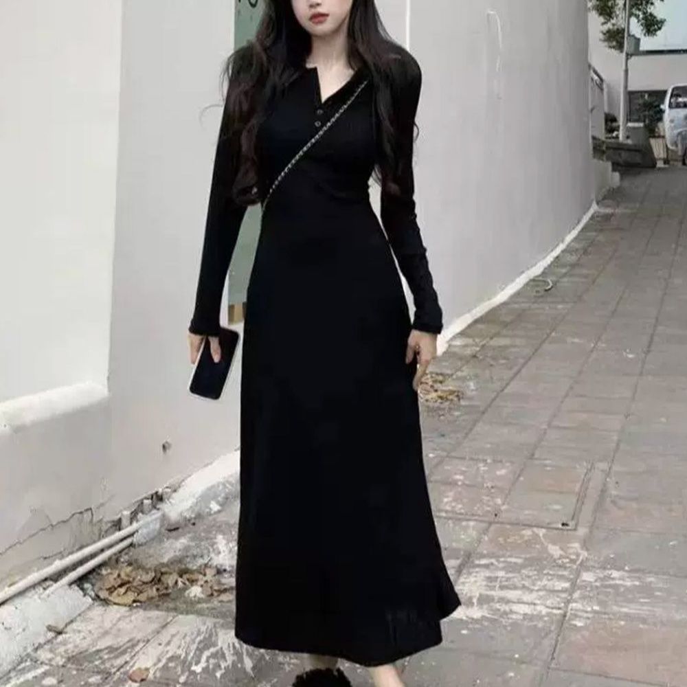 シンプルファッションワンピース リブニットタイトシルエット長袖ワンピース 