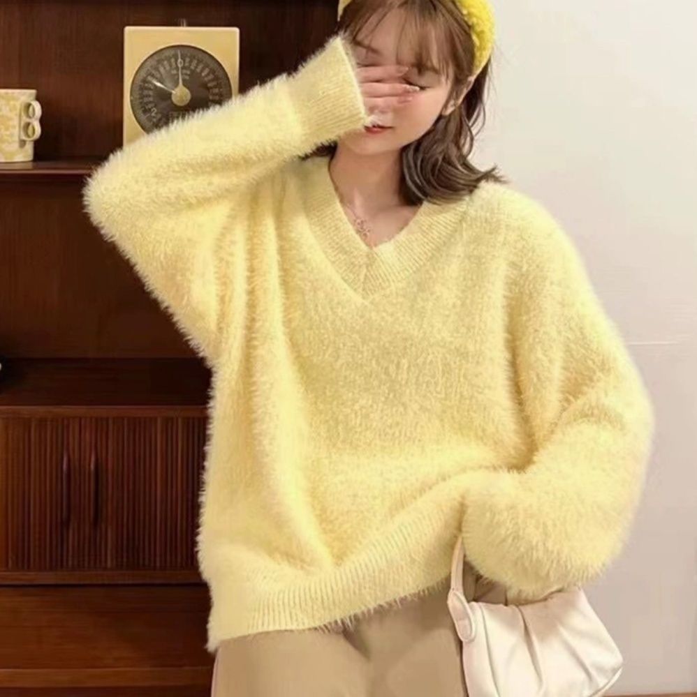 シンプルコーデ ふわふわシャギーニット長袖セーター