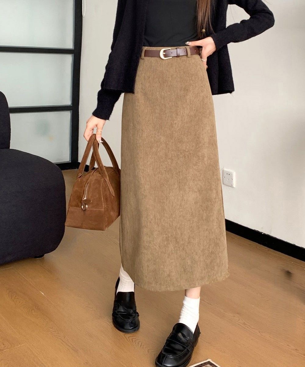 シンプルファッション パンツ コーデュロイベルト付きロングスカート