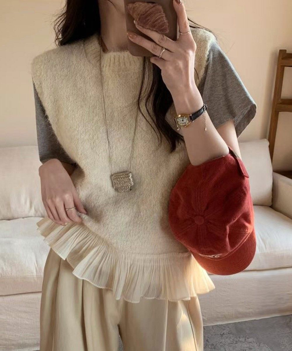 シンプルファッション 裾フリル付きニットベスト レディース 重ね着