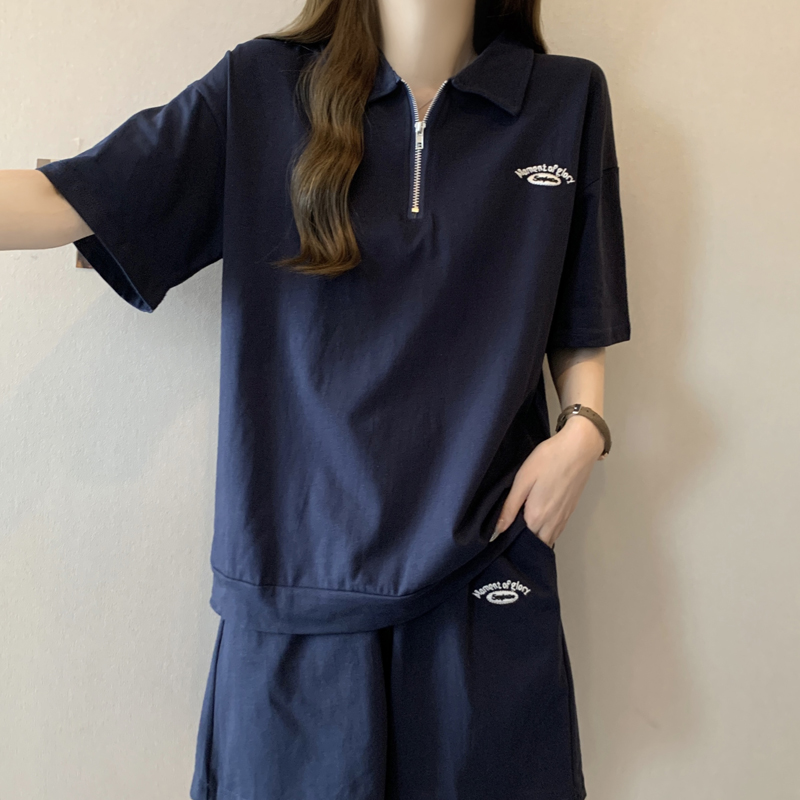 シンプルファッション ハーフジップ襟付きTシャツショートパンツセット