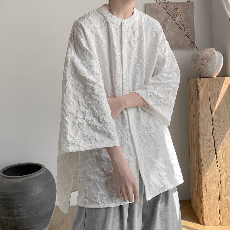 シンプルファッション 立体花柄ノーカラーシャツ サイドスリット