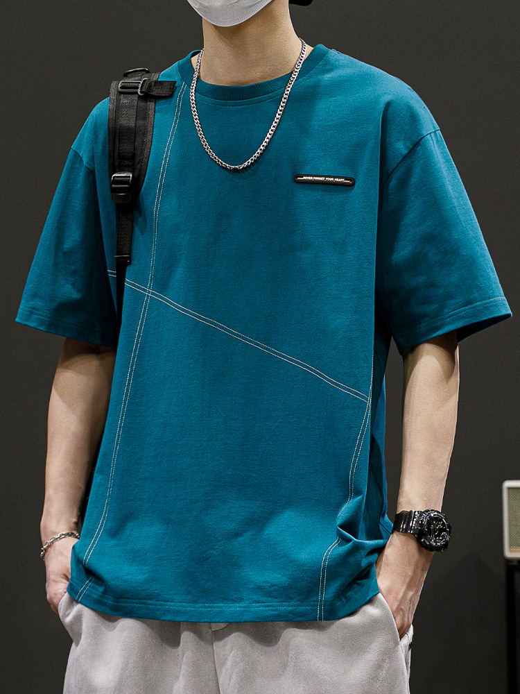 シンプルファッション シルキー素材デザインステッチ半袖Tシャツ