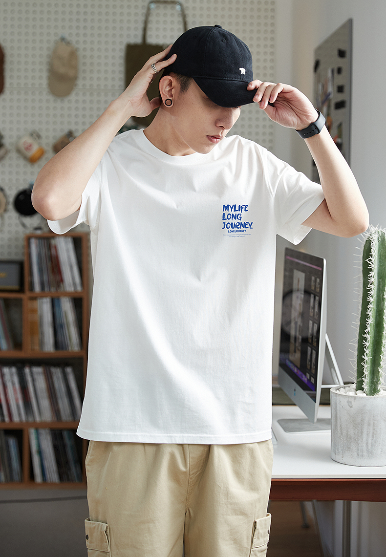 シンプルファッション 胸元メッセージプリント綿素材半袖Tシャツ
