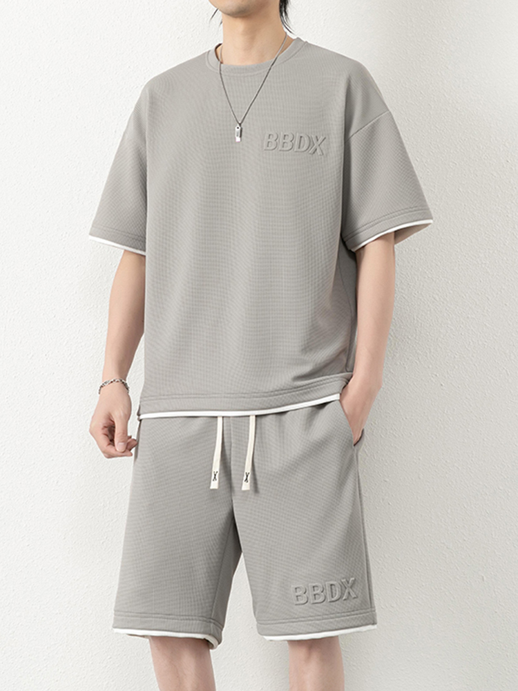 シンプルファッション ワッフル地セットアップ 半袖シャツ&ハーフパンツ