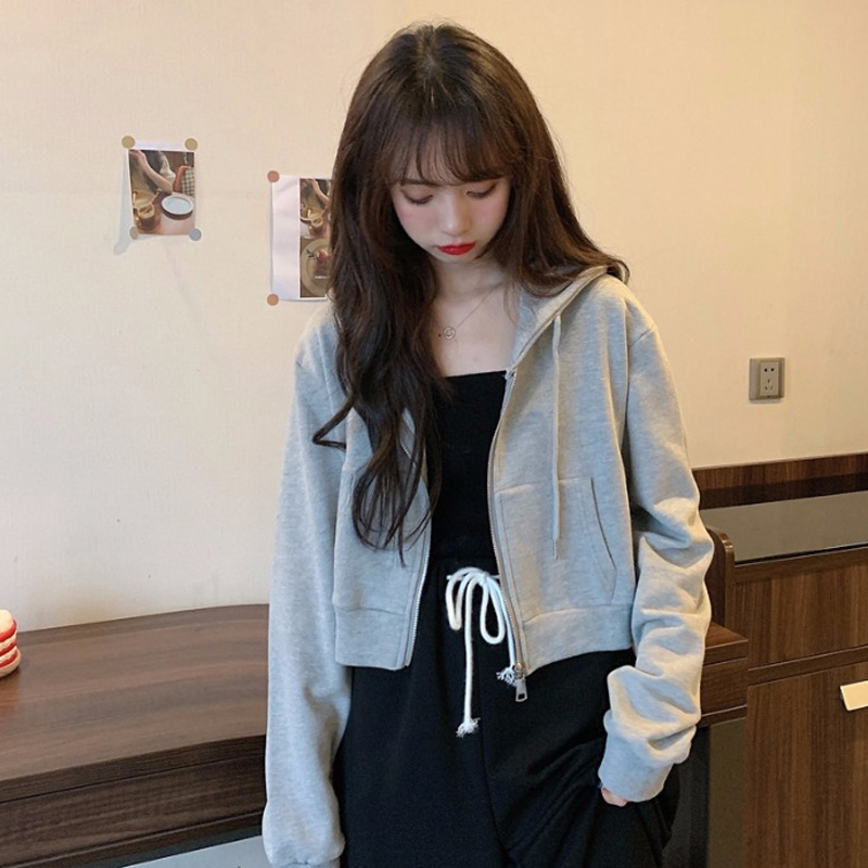 シンプルファッション ゆったりフード付きショート丈パーカー