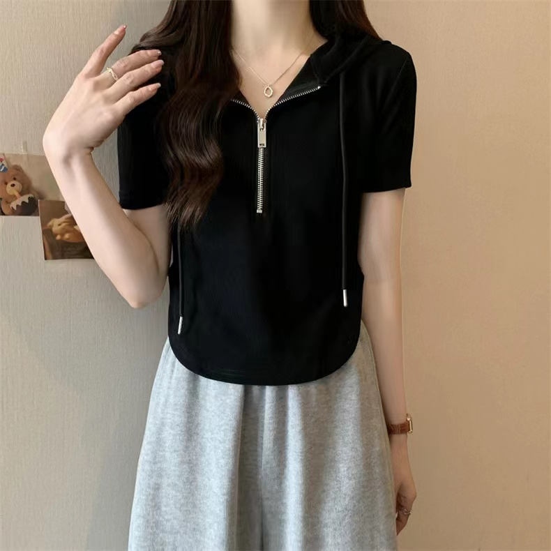 シンプルファッション コンパクトフード付きハーフジップTシャツ