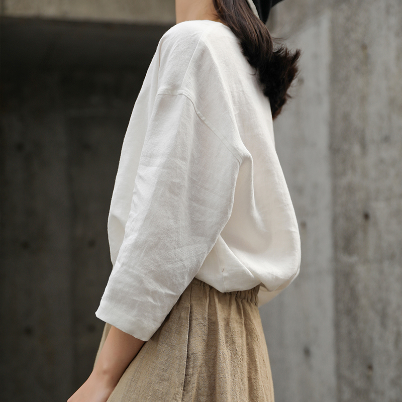 シンプルファッション リネン風ゆったり袖トップス
