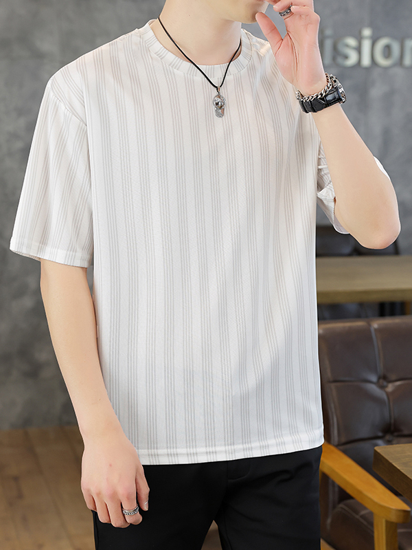シンプルファッション シンプル縦ストライプ半袖カットソー