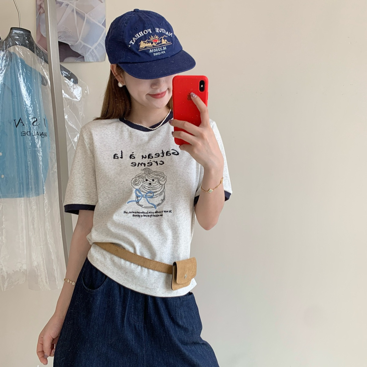 シンプルファッション ケーキプリント半袖リンガーTシャツ