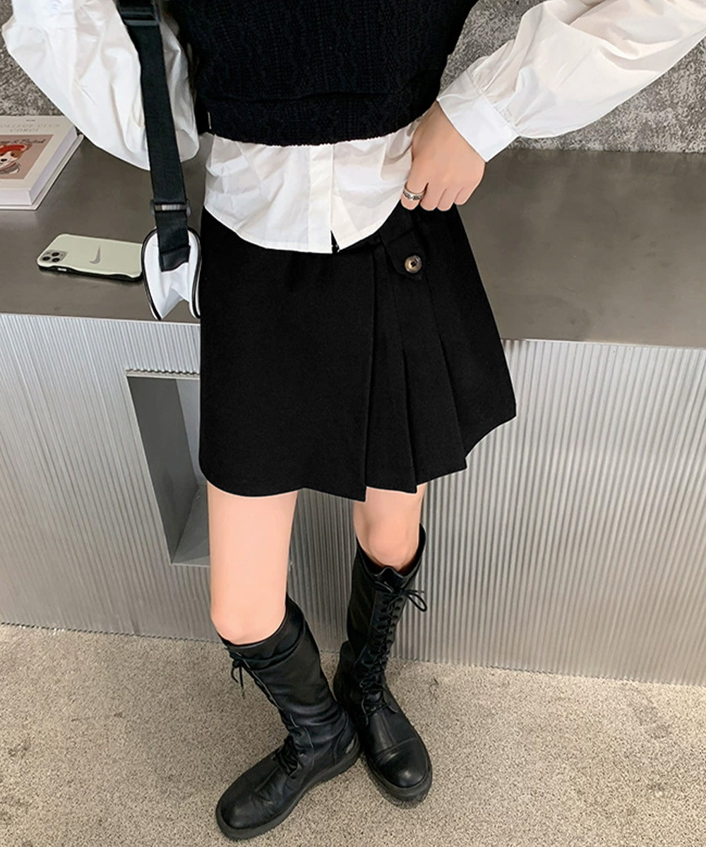 シンプルファッション プリーツキュロットパンツ ウール風 秋冬