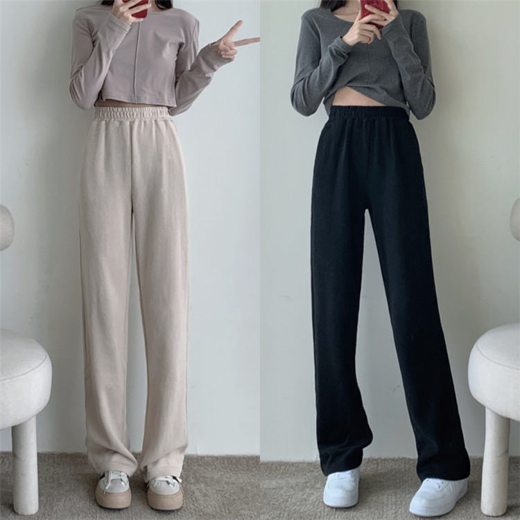 シンプルファッション シンプル ワイドレッグパンツ ハイウエスト 伸縮素材