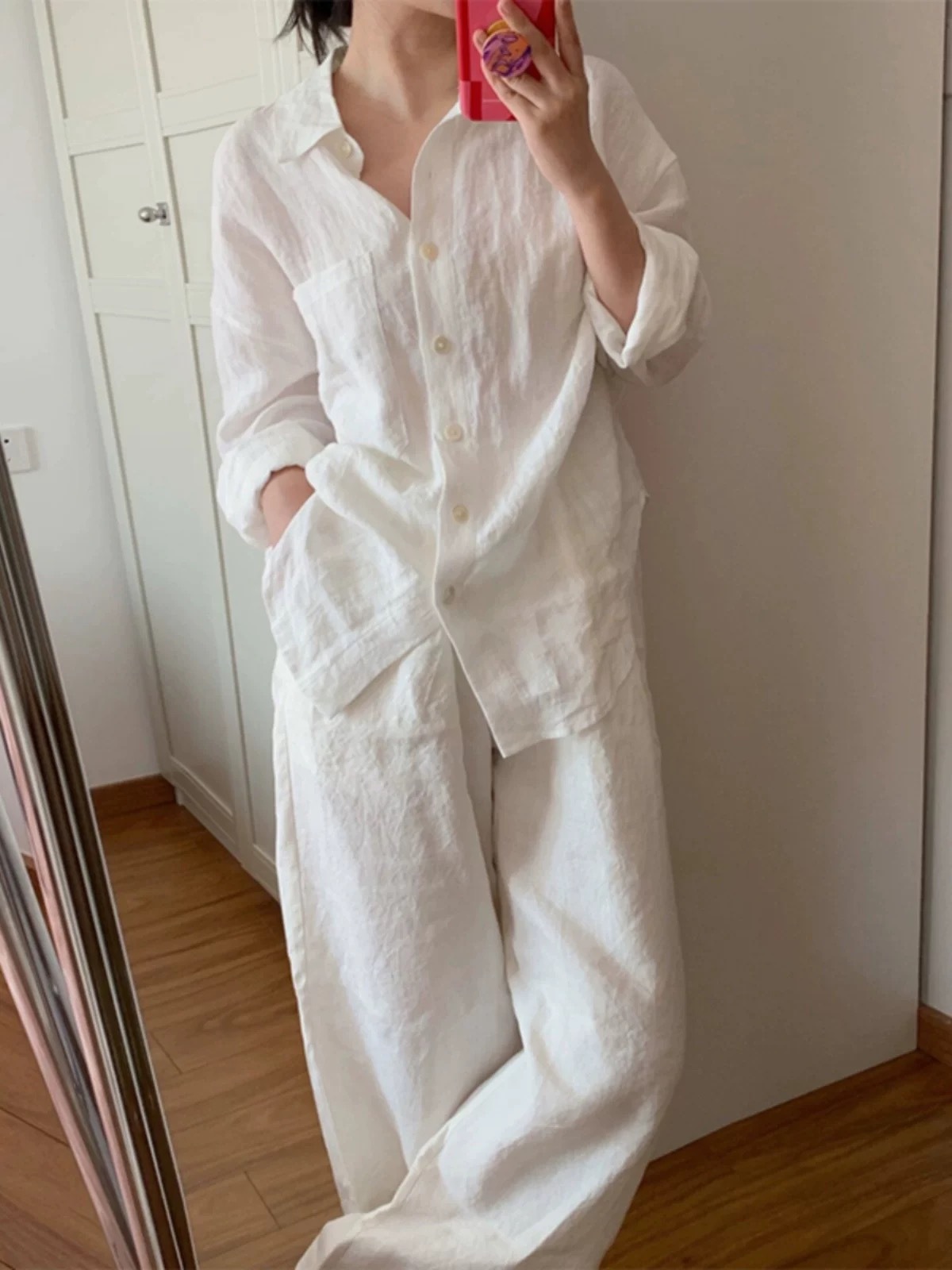 シンプルファッション リネン混紡オーバーサイズシャツ