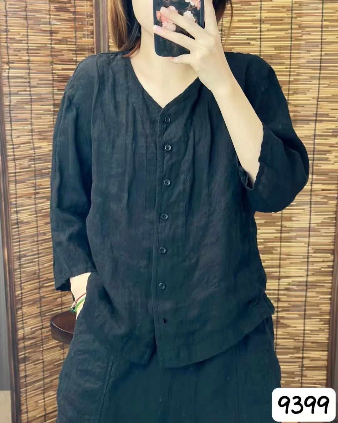 シンプルファッション リネンVネックシャツ 前開きゆったりブラウス