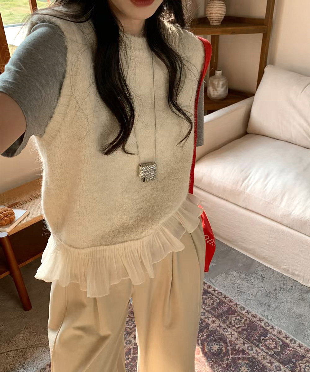 シンプルファッション 裾フリル付きニットベスト レディース 重ね着