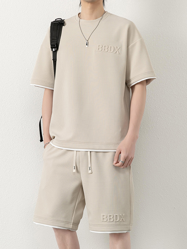 シンプルファッション ワッフル地セットアップ 半袖シャツ&ハーフパンツ