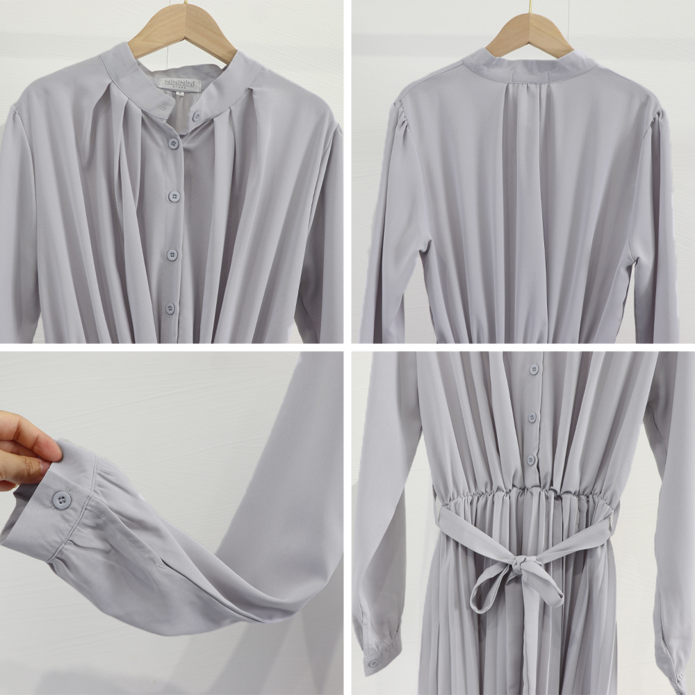 シンプルファッション 長袖プリーツワンピース ウエストリボン付きミディ丈