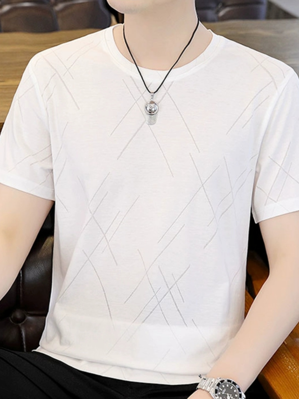 シンプルファッション 冷感ライン模様入り速乾性半袖Tシャツ