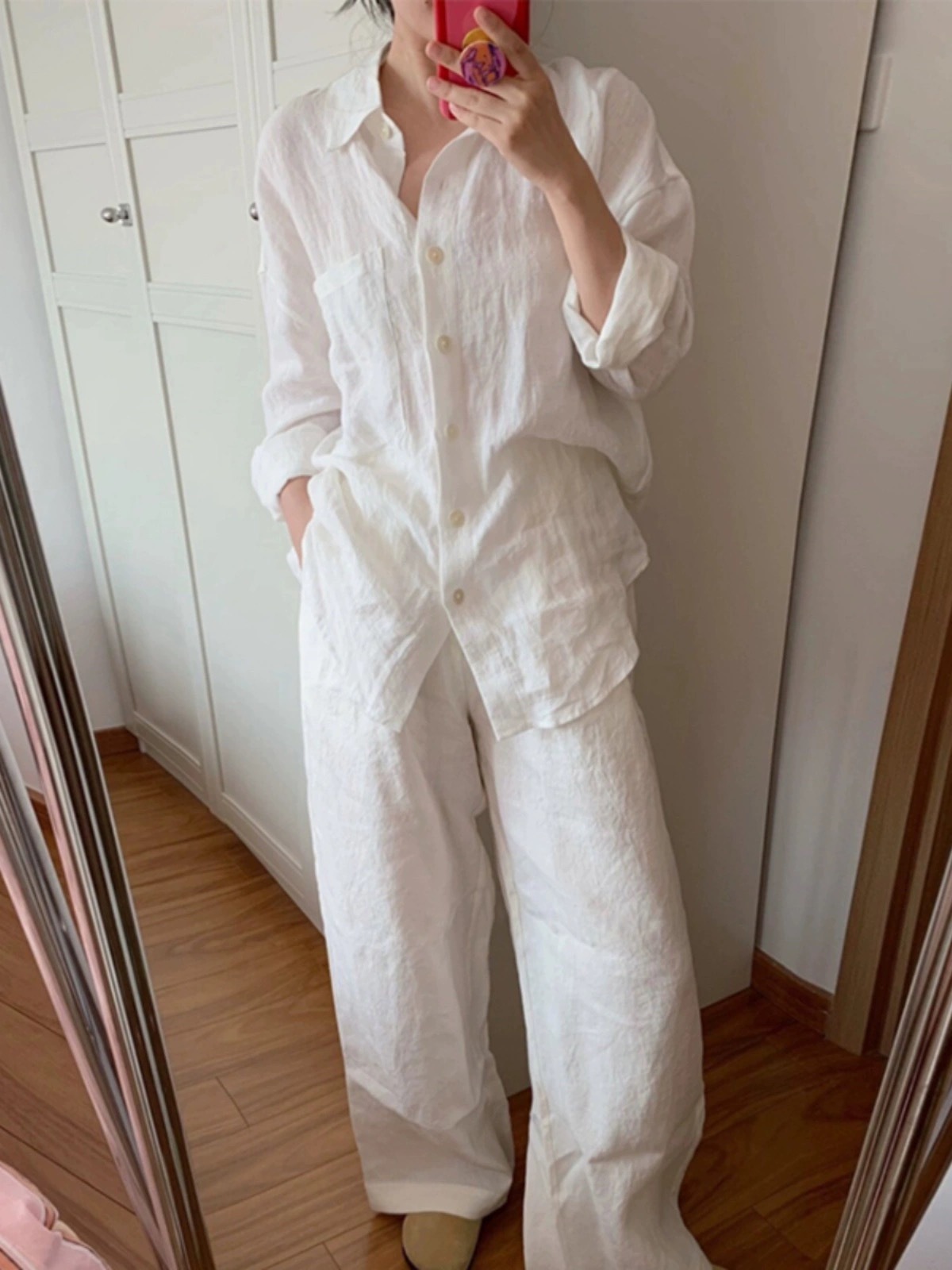 シンプルファッション リネン混紡オーバーサイズシャツ