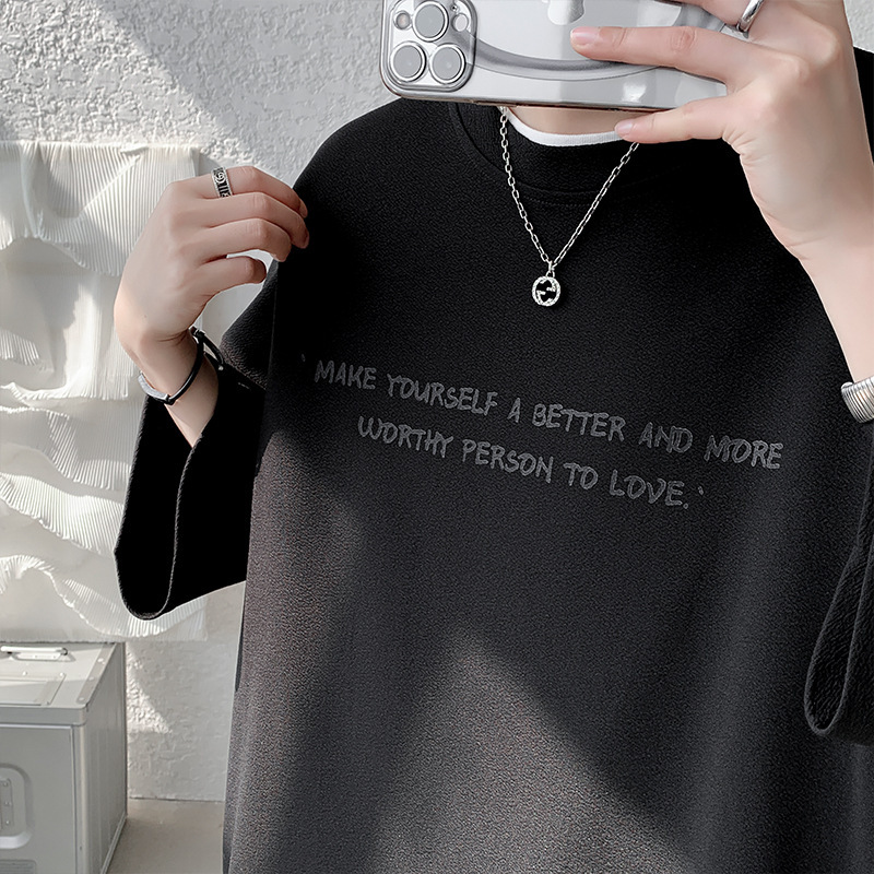 シンプルファッション メッセージプリント七分袖ゆったりTシャツ