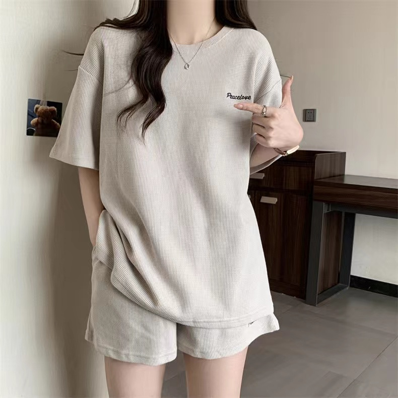 シンプルファッション ワッフル生地ゆったりショートパンツセット