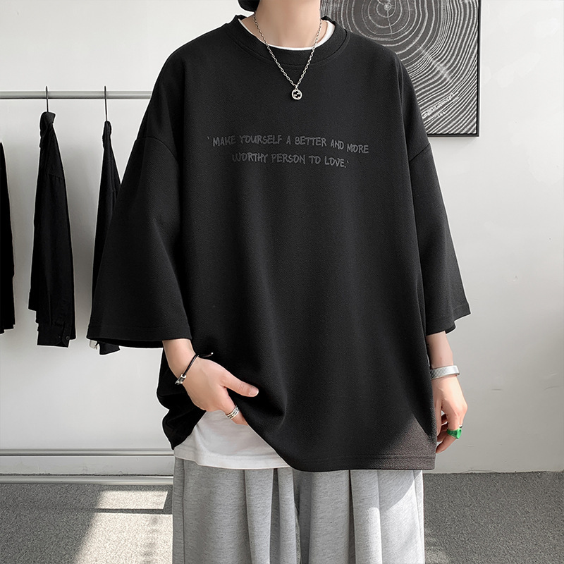 シンプルファッション シルキー素材メッセージプリント七分袖Tシャツ