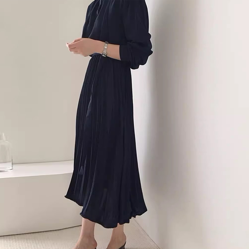 シンプルファッション 長袖プリーツワンピース ウエストリボン付きミディ丈