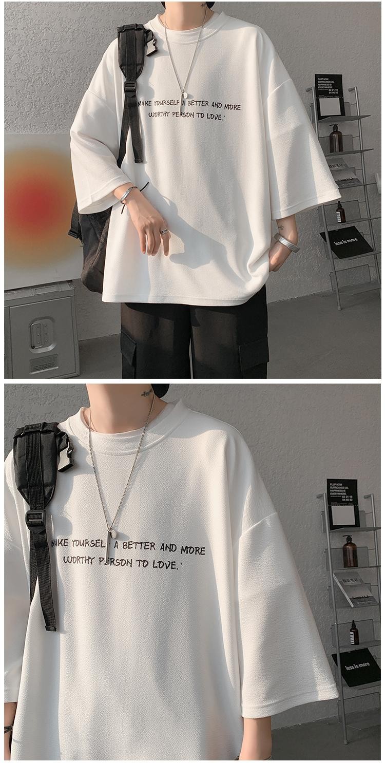 シンプルファッション メッセージプリント七分袖ゆったりTシャツ