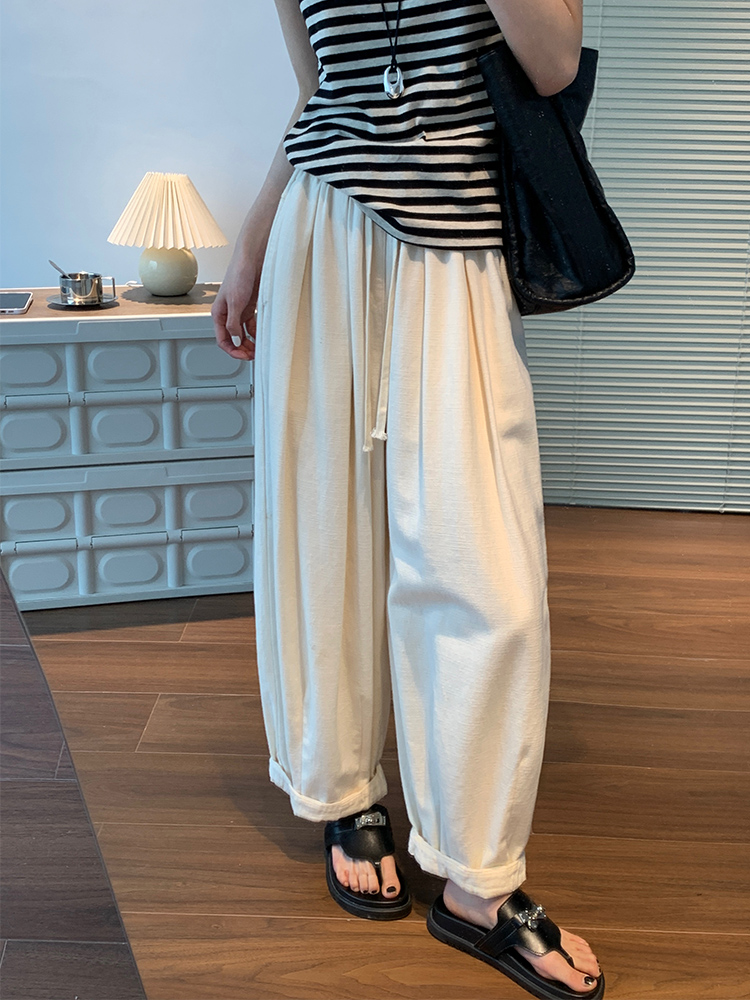 シンプルファッション リネン混紡ワイドパンツ