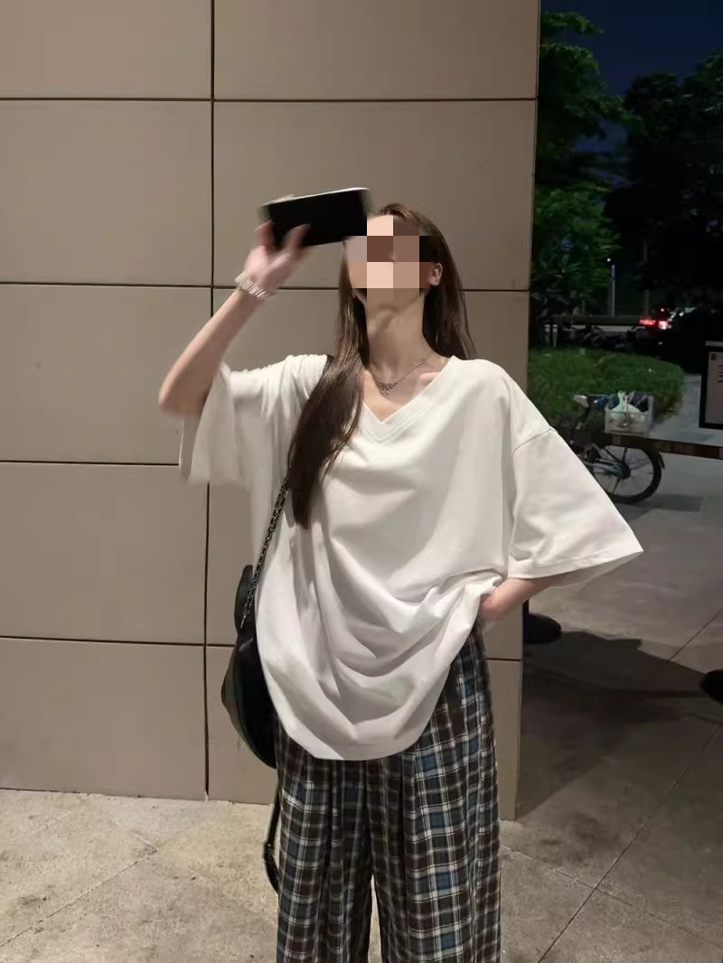 シンプルファッション ゆったりVネック半袖Tシャツ